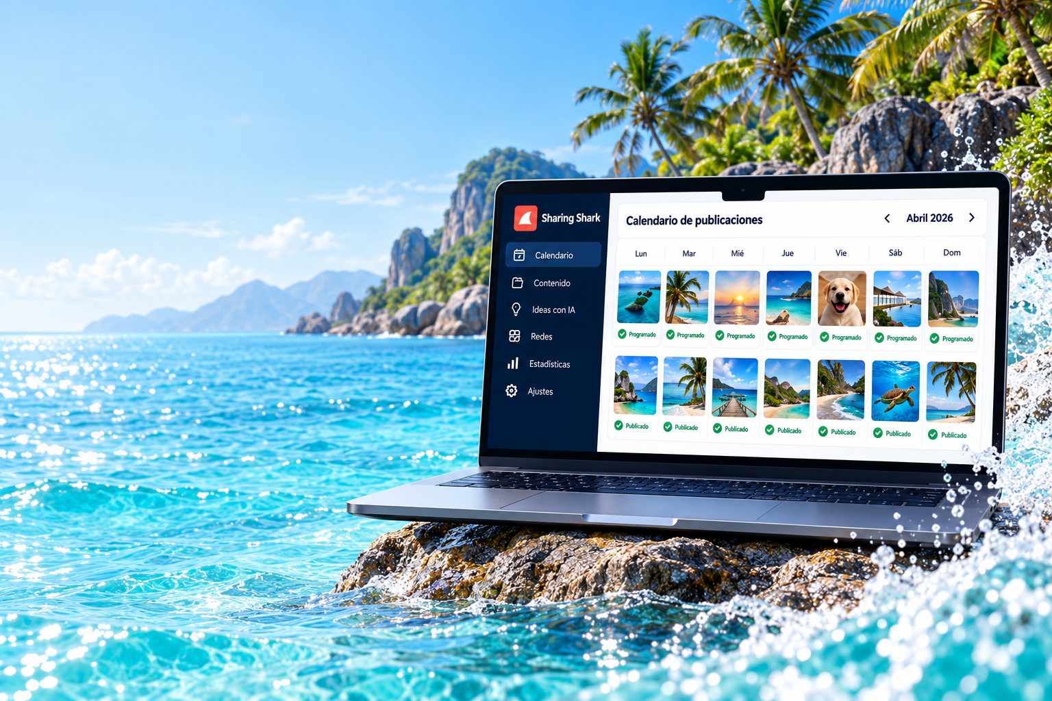 Calendario de publicaciones de Sharing Shark en un portátil, con posts programados y publicados