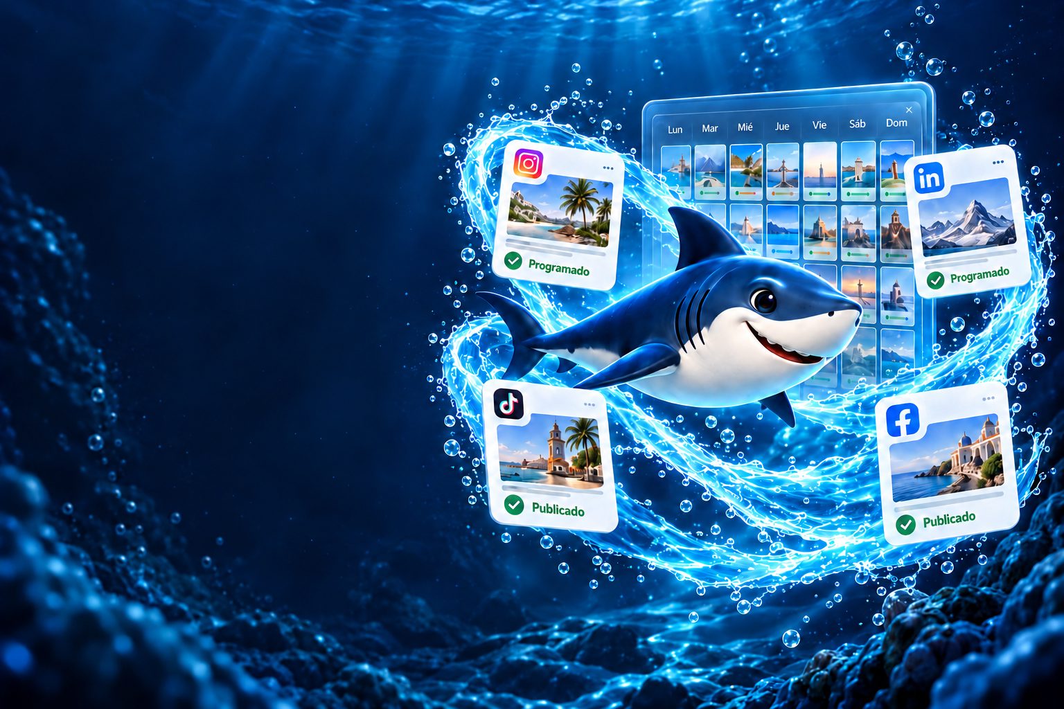 El tiburón de Sharing Shark nadando entre publicaciones programadas de Instagram, TikTok, LinkedIn y Facebook